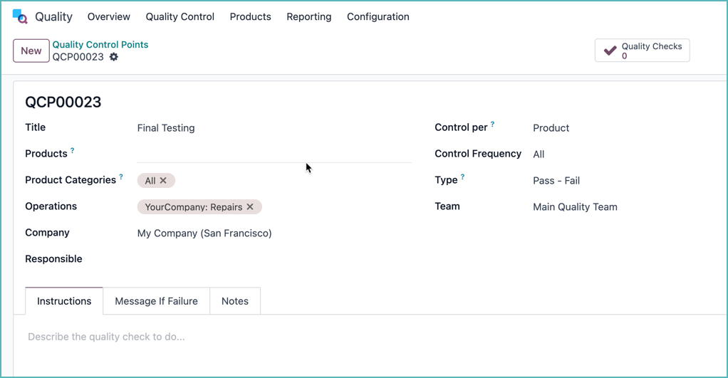 Giao diện kiểm soát chất lượng trong Odoo 18
