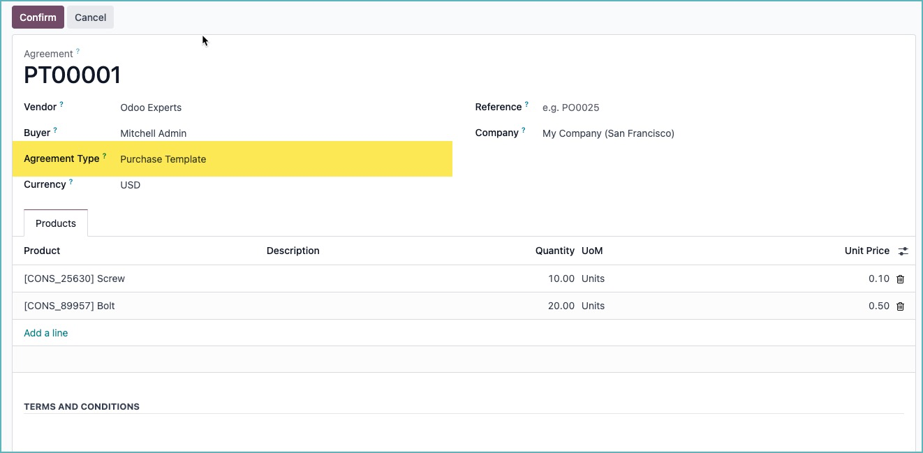 Mẫu yêu cầu báo giá mua hàng trong Odoo