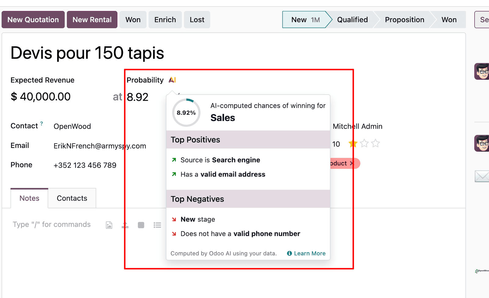 Odoo 19 phân tích tỷ lệ thắng chi tiết và hiệu quả