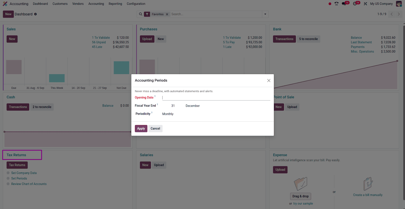 Hỗ trợ tính năng dòng thời gian khai thuế trên Odoo phiên bản mới