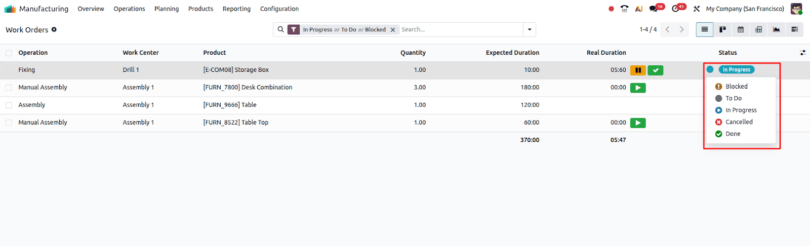 Trạng thái lệnh sản xuất cập nhật trạng thái bất cứ khi nào
