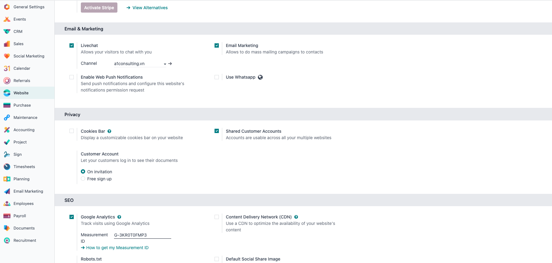 Giao diện Live Chat Channel trong Odoo 19