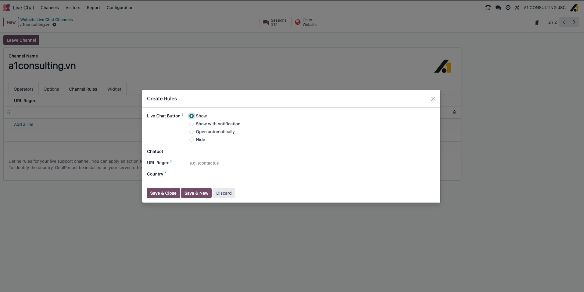 Thiết lập thời điểm và vị trí nút chat xuất hiện