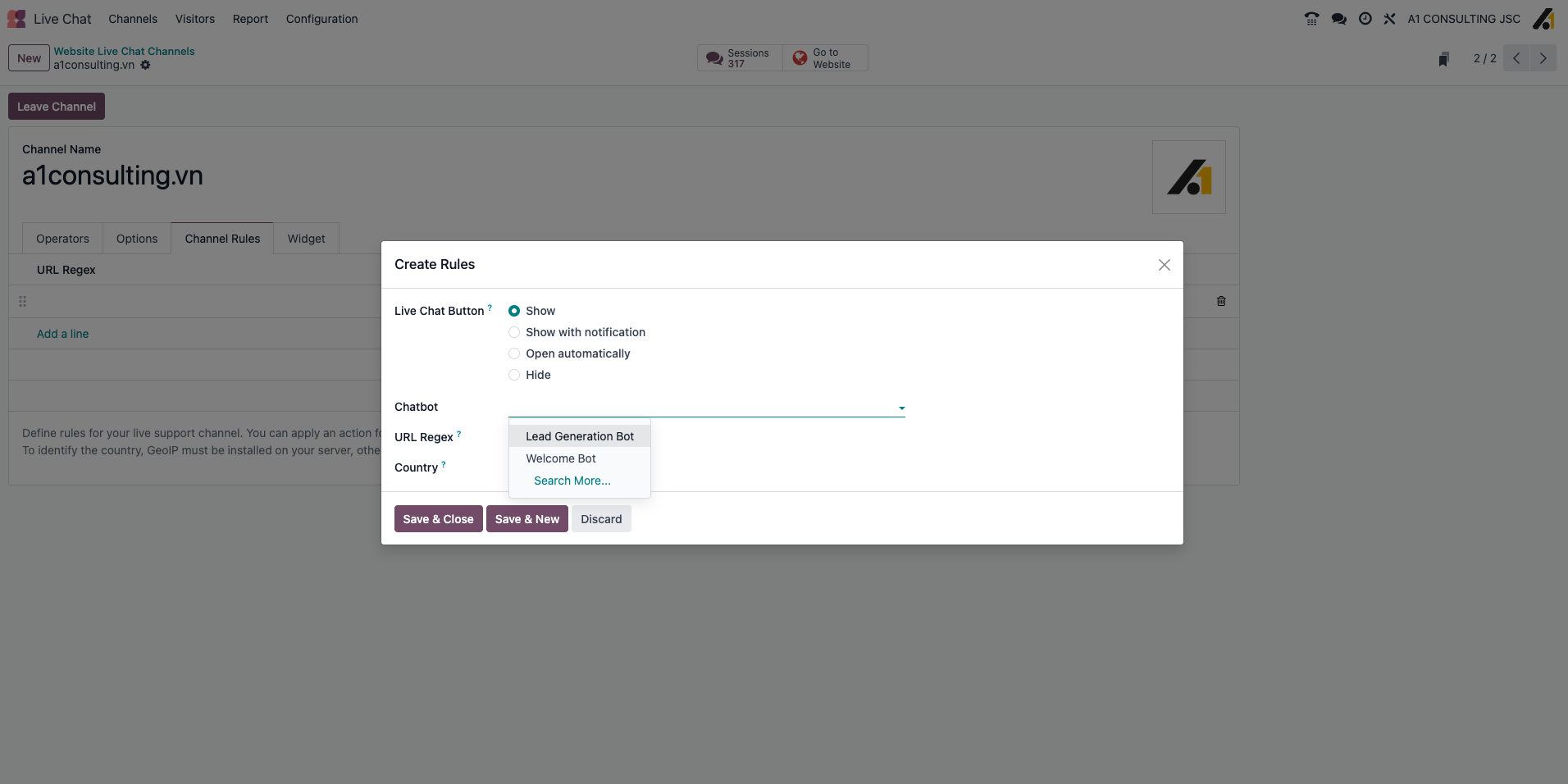 Odoo 19 cho phép tích hợp Chatbot trong Live Chat