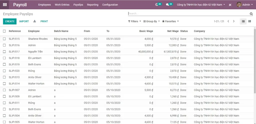 Tính năng quản lý lương trong Odoo HRM