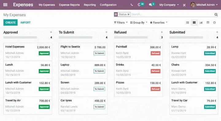 Tính năng quản lý chi phí trong Odoo HRM