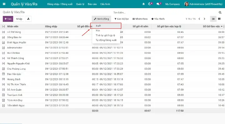 Tính năng quản lý chấm công trong Odoo HRM